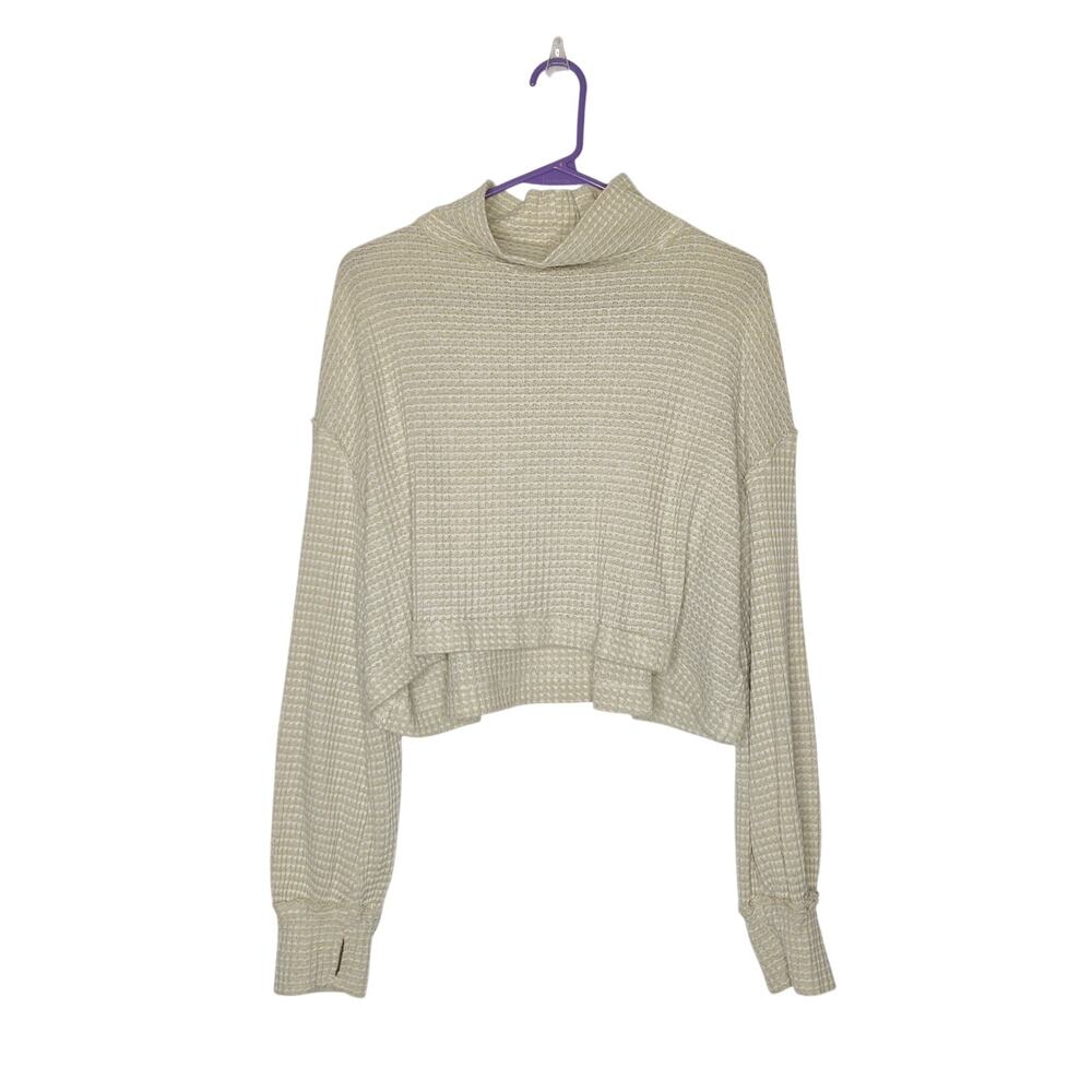 Free People BK Waffle Knit Cropped Turtleneck Thermal Top Large Natural Beige